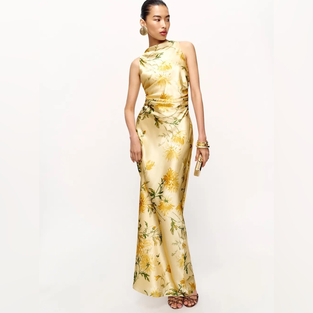 NEW Reformation Anaiis Long Backless Silk Dress Honeyglow Yellow Floral | US 0 - Picture 3 of 15